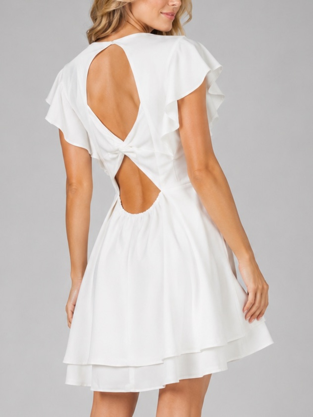 🆕🥥 Next Up Ivory White Ruffle Sleeve Fit & Flare Dress Open Back Bow Size 13/14